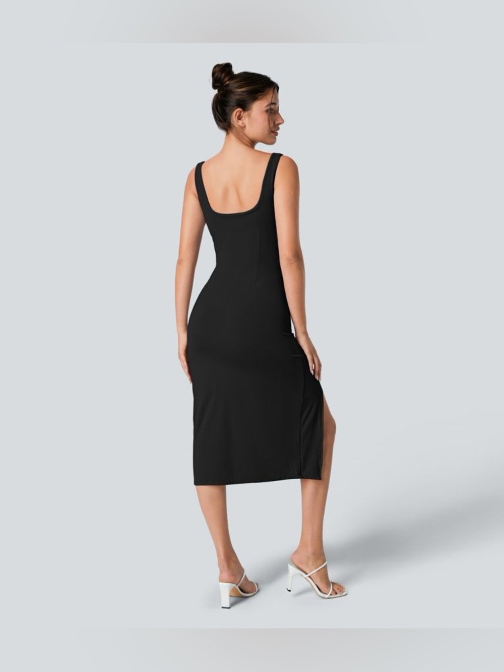 HALARA SoftlyZero Airy Square Neck Ruched Bodycon Black Dress NEW - Picture 2 of 11